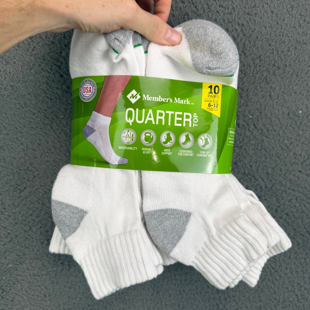 Member's Mark Mens Quarter Top Socks 10 Pairs White Grey Shoe Size 6-12 US00714